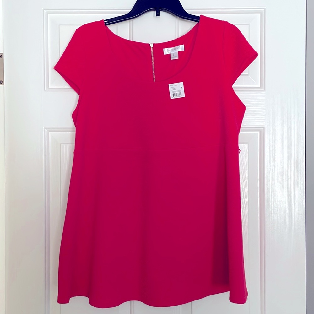 New Large Maternity Cap Sleeve Shirt, Hot Pink, Ribbed Detailing, Zipper Back